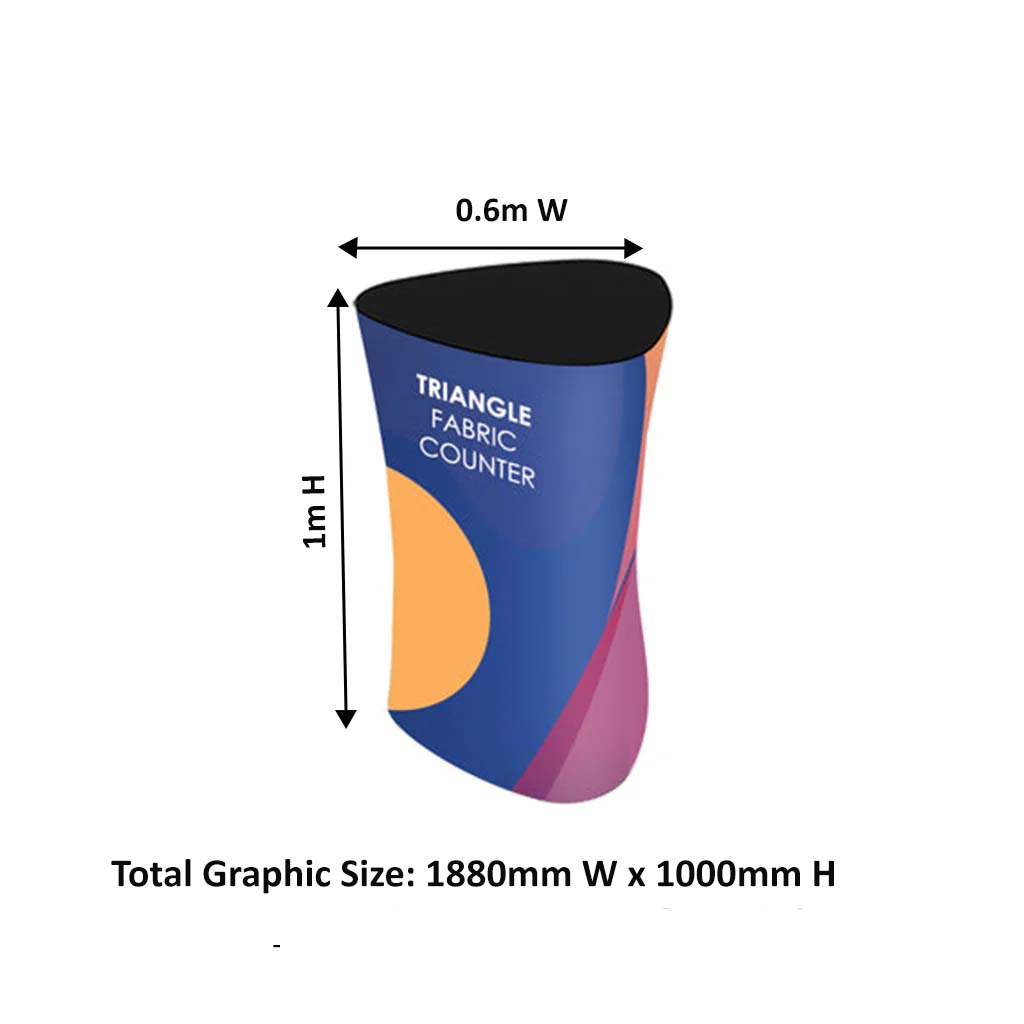 Triangular fabric display counter (for podium and stand exhibitions)