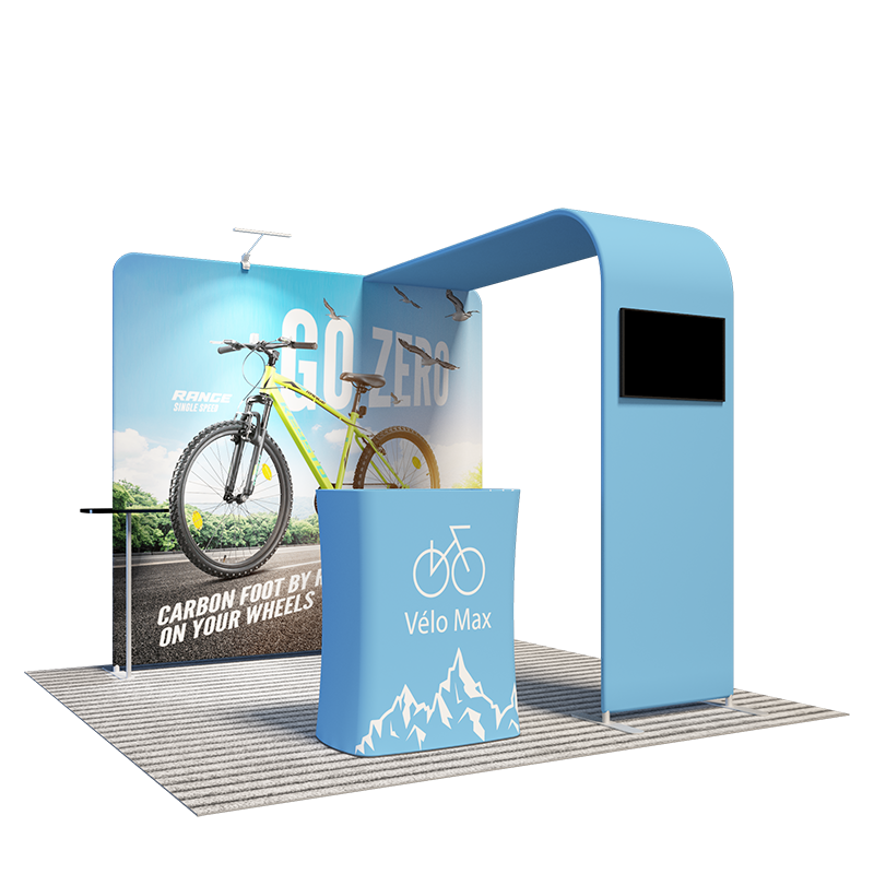 Kit d'exposition d'écran TV économique en L pour cabines de 10 pieds de large