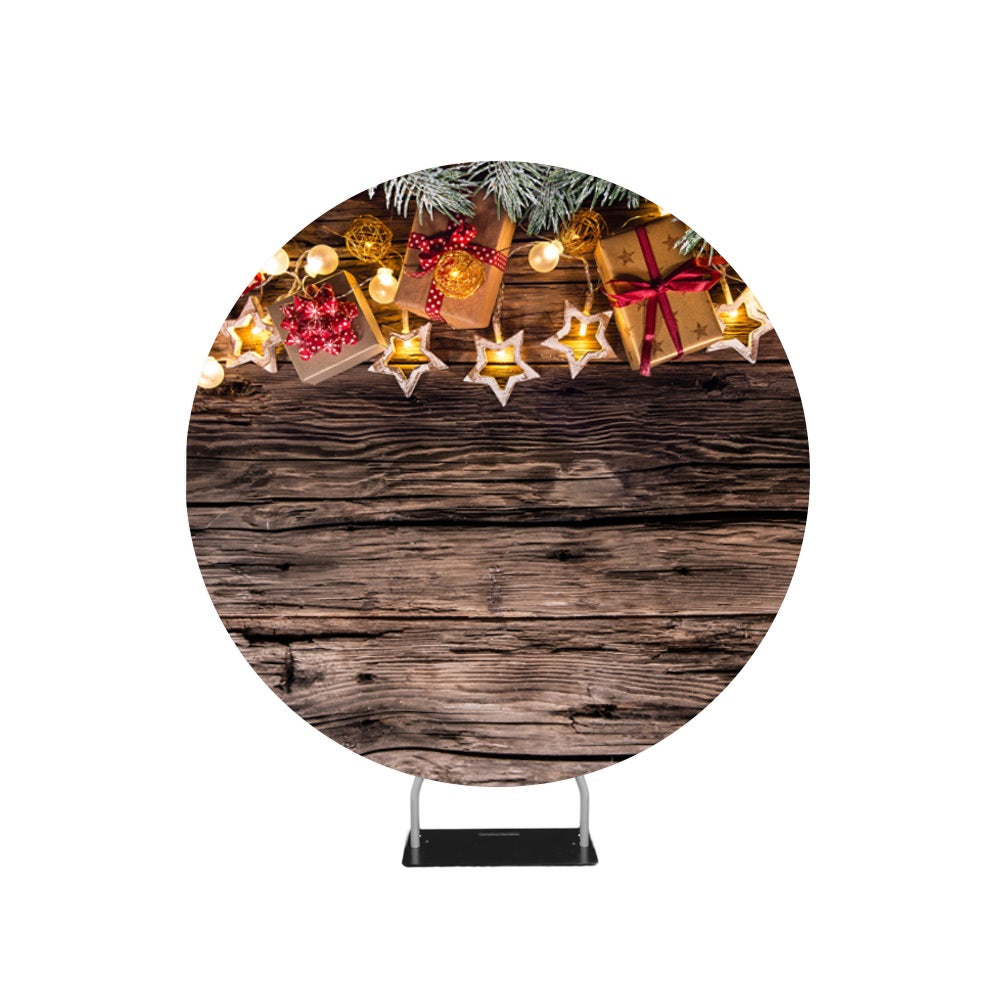 Fond en bois de Noël avec des décorations et des coffrets cadeaux support de toile de fond de cercle