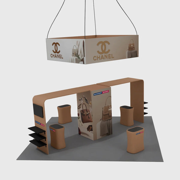 Stand de galerie 6x6m avec arches d'entrée, supports TV et comptoirs