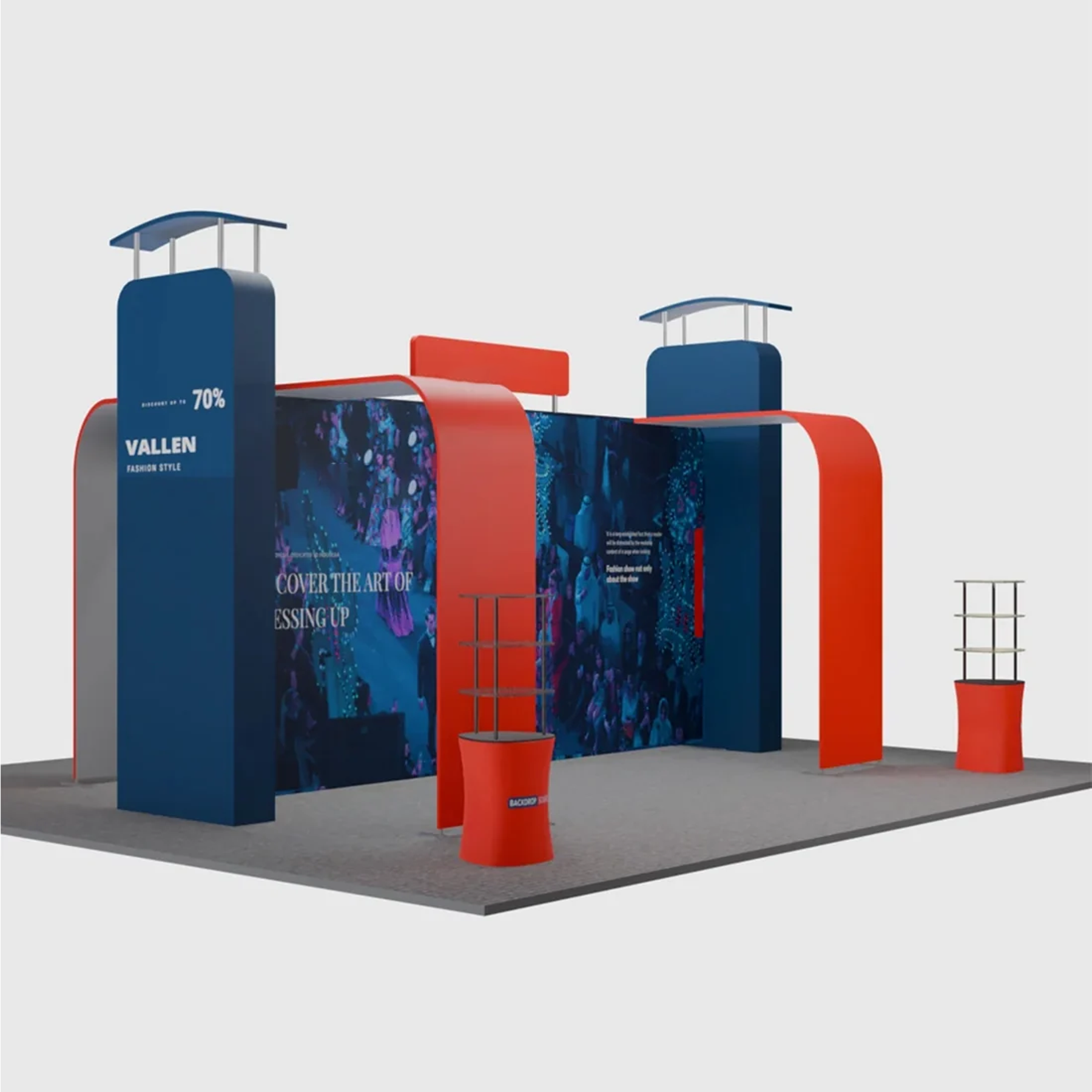 6x6m Booth Kit with 3D Media Walls, Arch Displays & 3 Counters