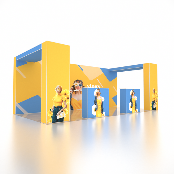 Stand pop-up SEG 6x3m avec deux murs en arche en L et 2 comptoirs