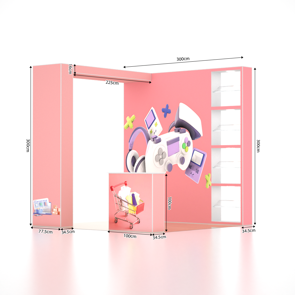 Stand pliable SEG 3x3m avec mur en arche en L, 4 vitrines LED et comptoir