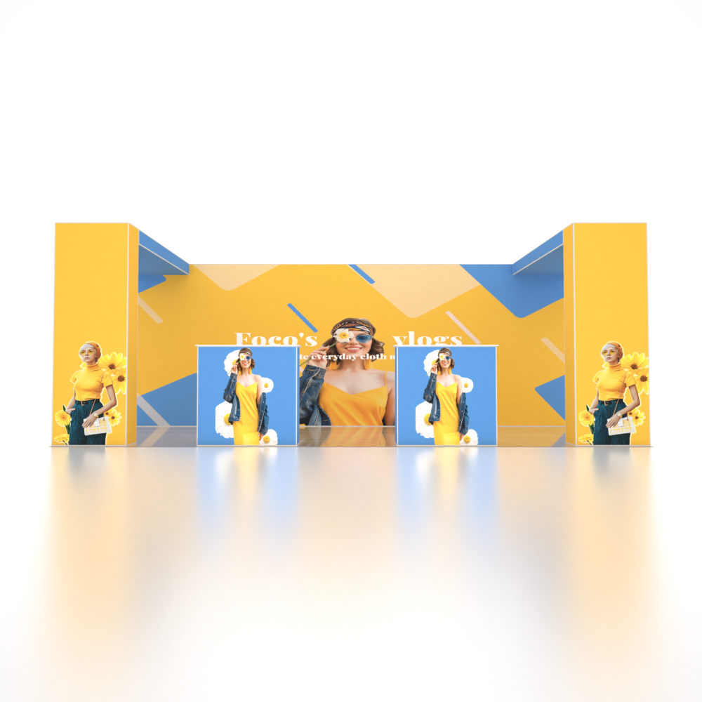 Stand pop-up SEG 6x3m avec deux murs en arche en L et 2 comptoirs