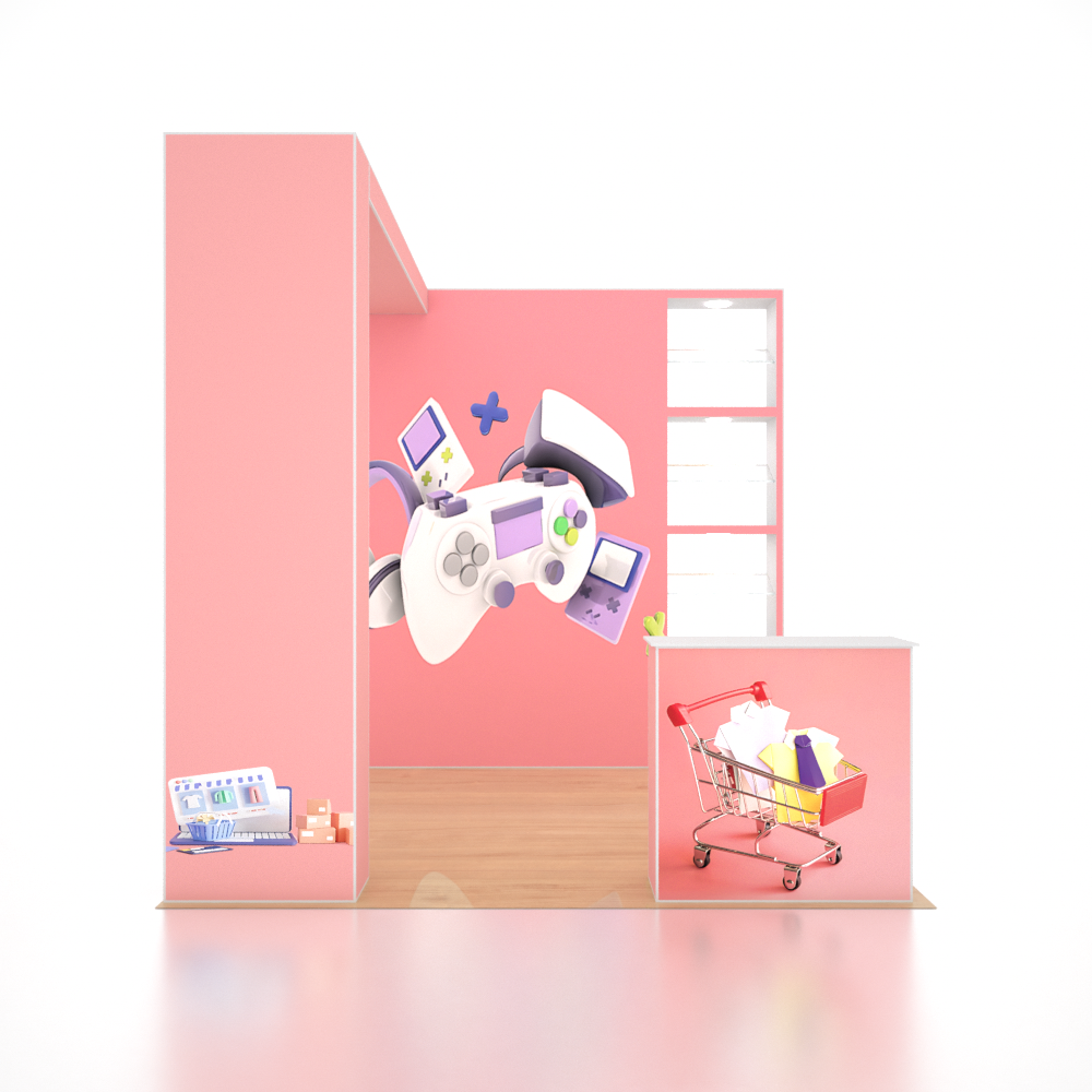 Stand pliable SEG 3x3m avec mur en arche en L, 4 vitrines LED et comptoir