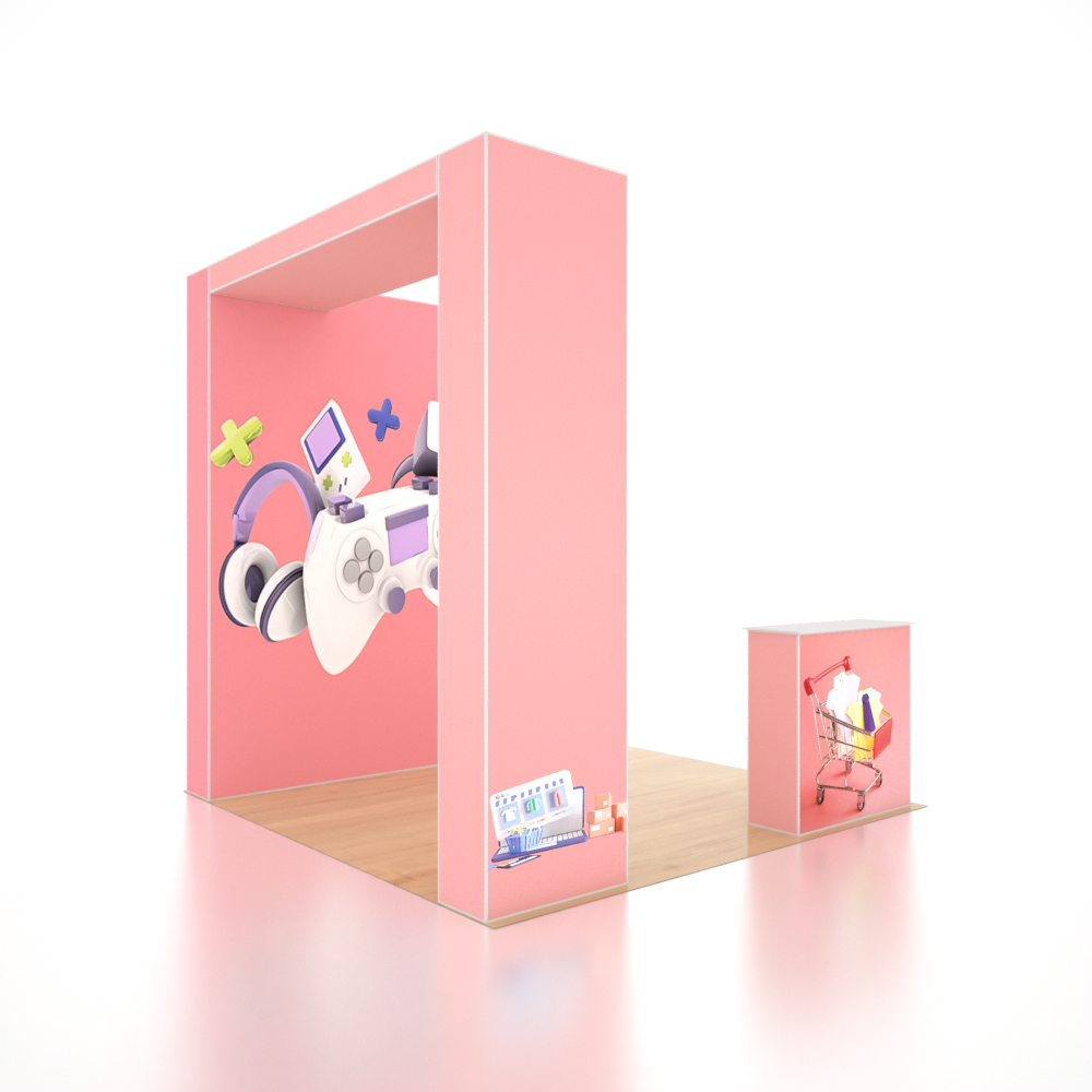 Stand pliable SEG 3x3m avec mur en arche en L, 4 vitrines LED et comptoir