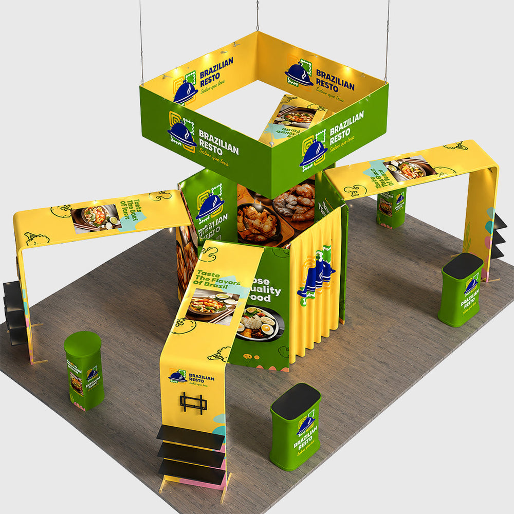 Kit de stand en îlot 9x6 m avec rayonnages hexagonaux de salon et 4 comptoirs