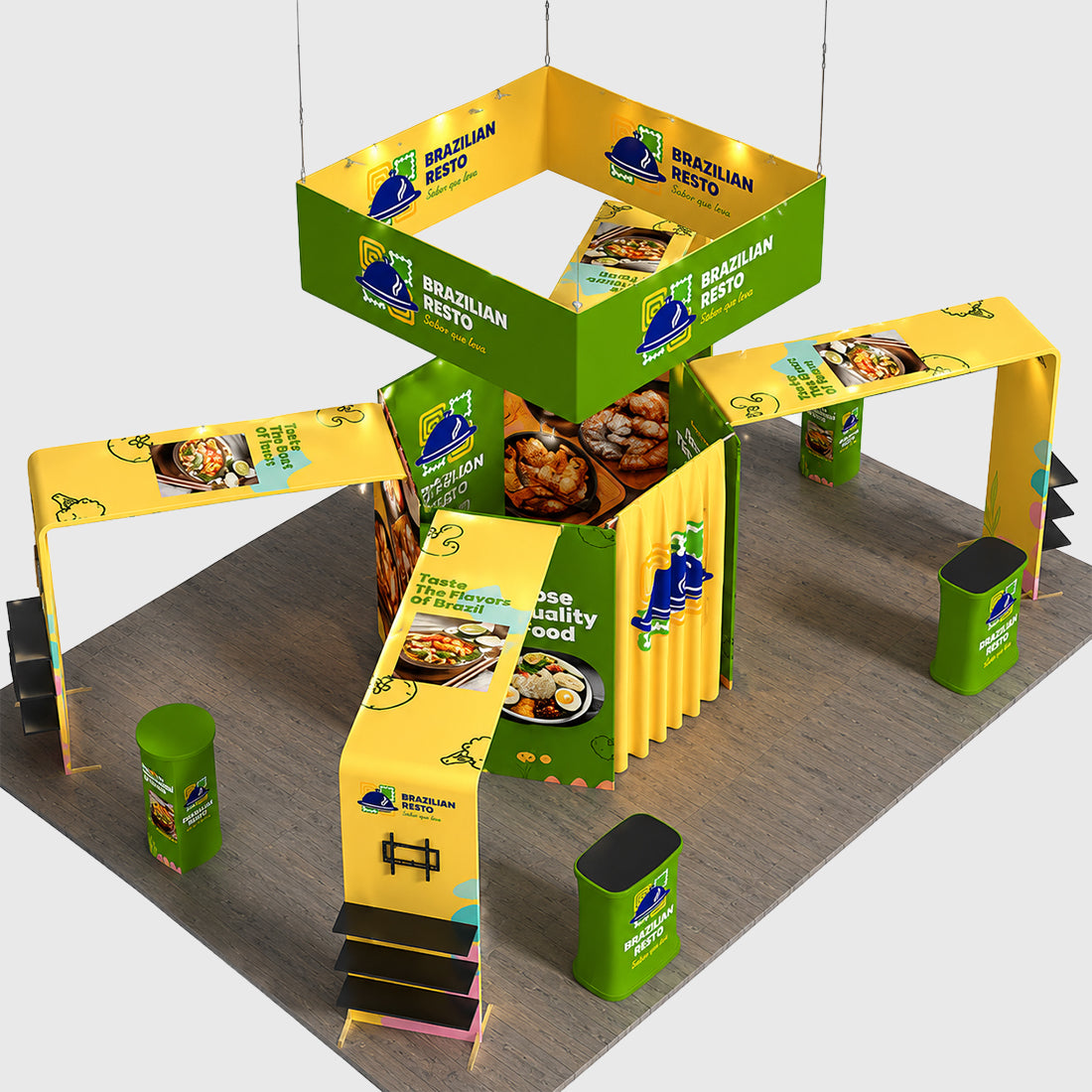 Kit de stand en îlot 9x6 m avec rayonnages hexagonaux de salon et 4 comptoirs