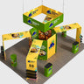 Kit de stand en îlot 9x6 m avec rayonnages hexagonaux de salon et 4 comptoirs