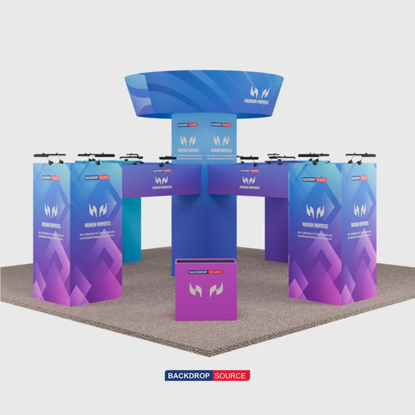 Stand îlot tour cubique 9x9m avec bannière suspendue et comptoirs