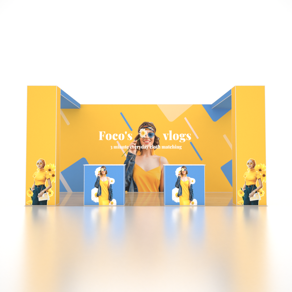 Stand pop-up SEG 6x3m avec deux murs en arche en L et 2 comptoirs