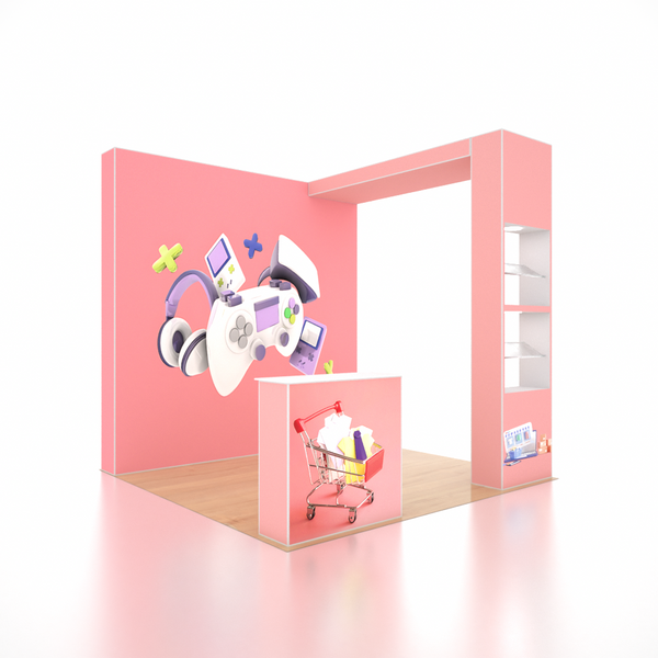 Stand popup SEG 3x3m avec mur en arche en L, 2 vitrines et comptoir
