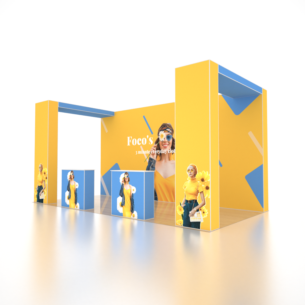 Stand pop-up SEG 6x3m avec deux murs en arche en L et 2 comptoirs