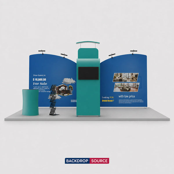 Kit d'exposition avec fond droit incliné 6x3m, mur 3D et arche