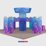 Stand îlot tour cubique 9x9m avec bannière suspendue et comptoirs