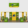 Kit de stand en îlot 9x6 m avec rayonnages hexagonaux de salon et 4 comptoirs