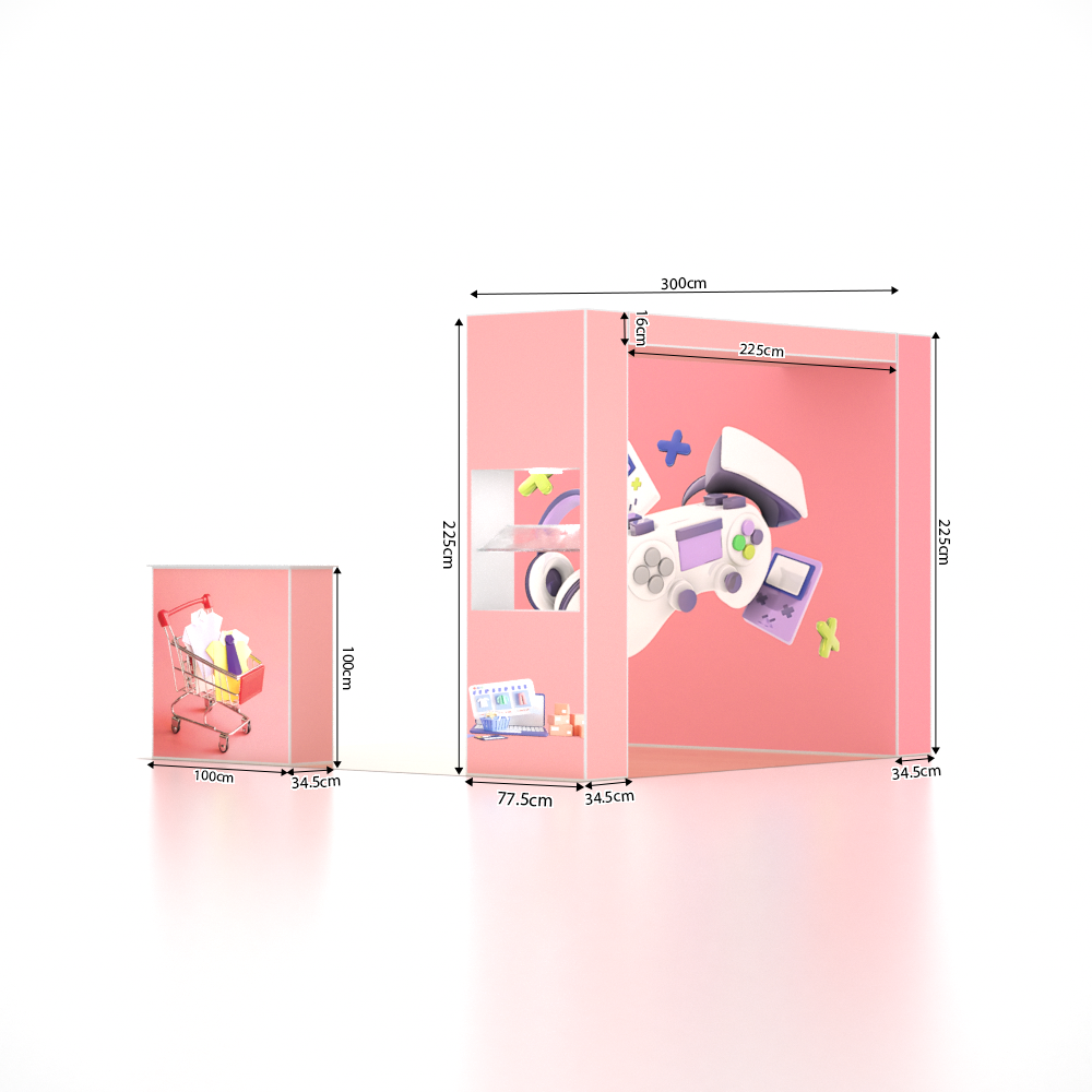 Stand pliable SEG 3x3m avec mur en arche en L, vitrine LED et comptoir