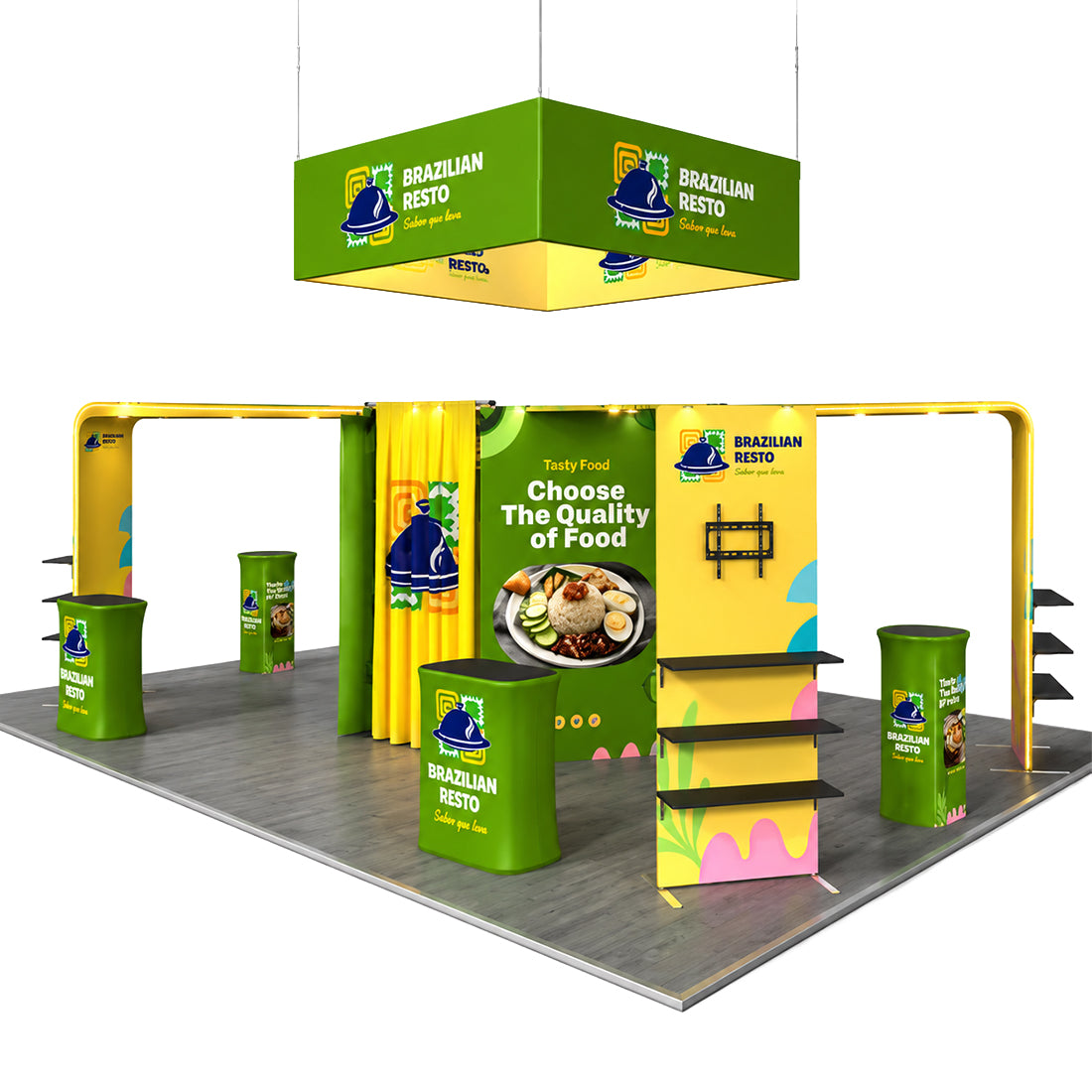 Kit de stand en îlot 9x6 m avec rayonnages hexagonaux de salon et 4 comptoirs