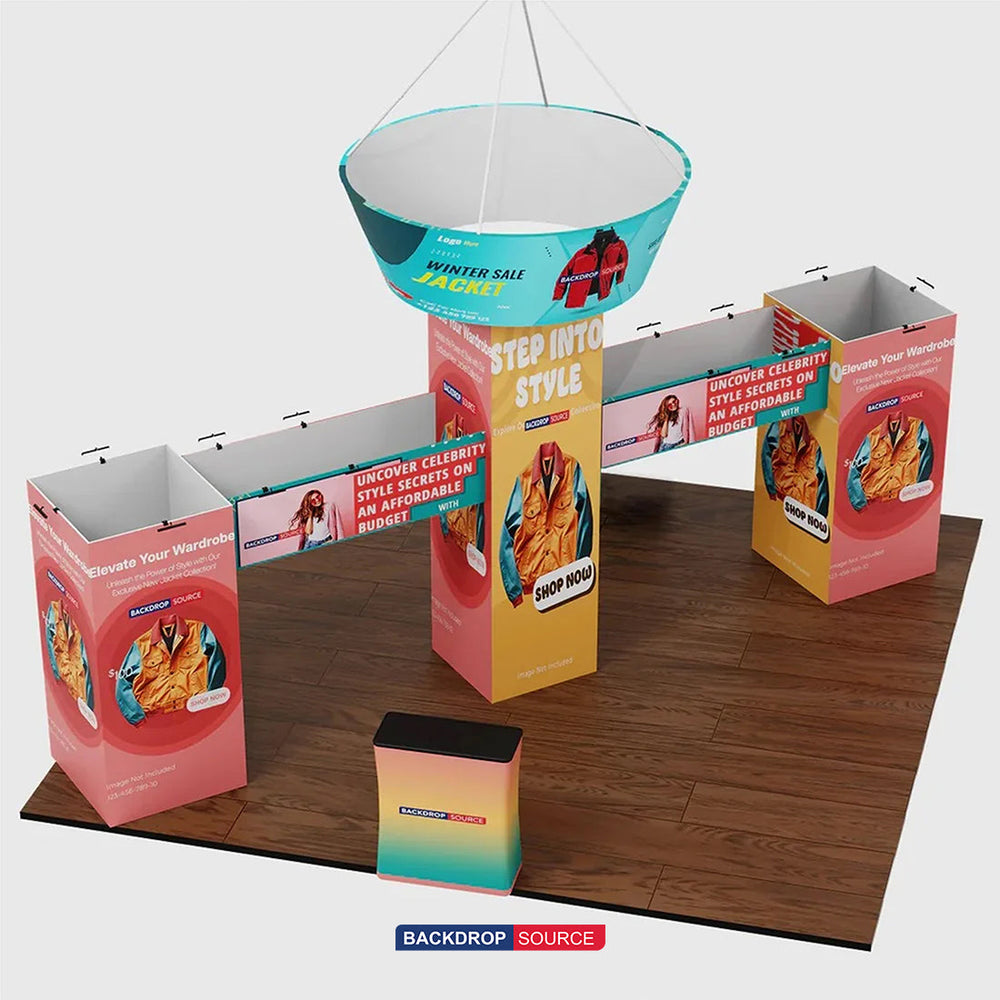 Kit de stand tour cubique 9x6m avec bannière suspendue et 2 comptoirs