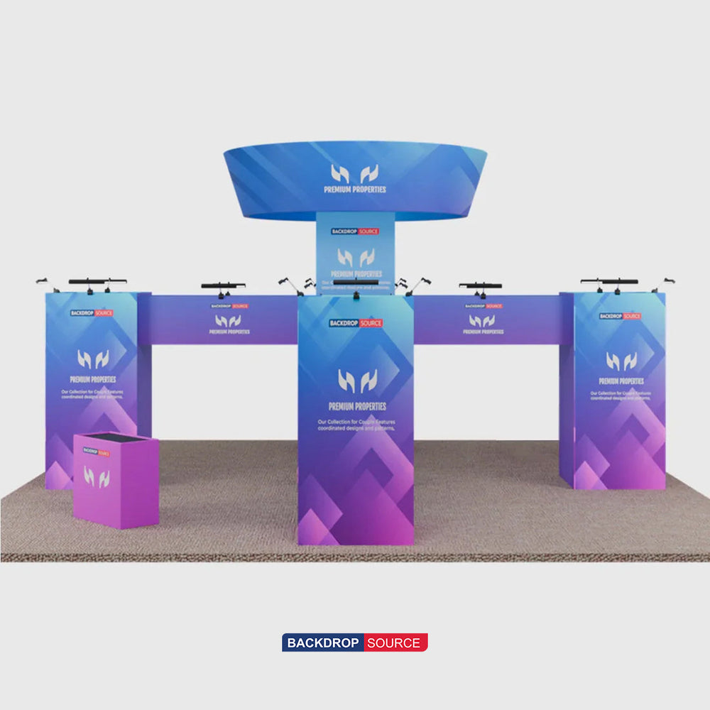 Stand îlot tour cubique 9x9m avec bannière suspendue et comptoirs