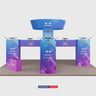Stand îlot tour cubique 9x9m avec bannière suspendue et comptoirs