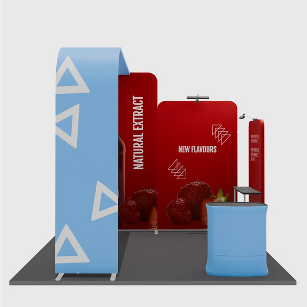 Kit de stand en L de 3x3m avec murs droits, étagères et 2 comptoirs