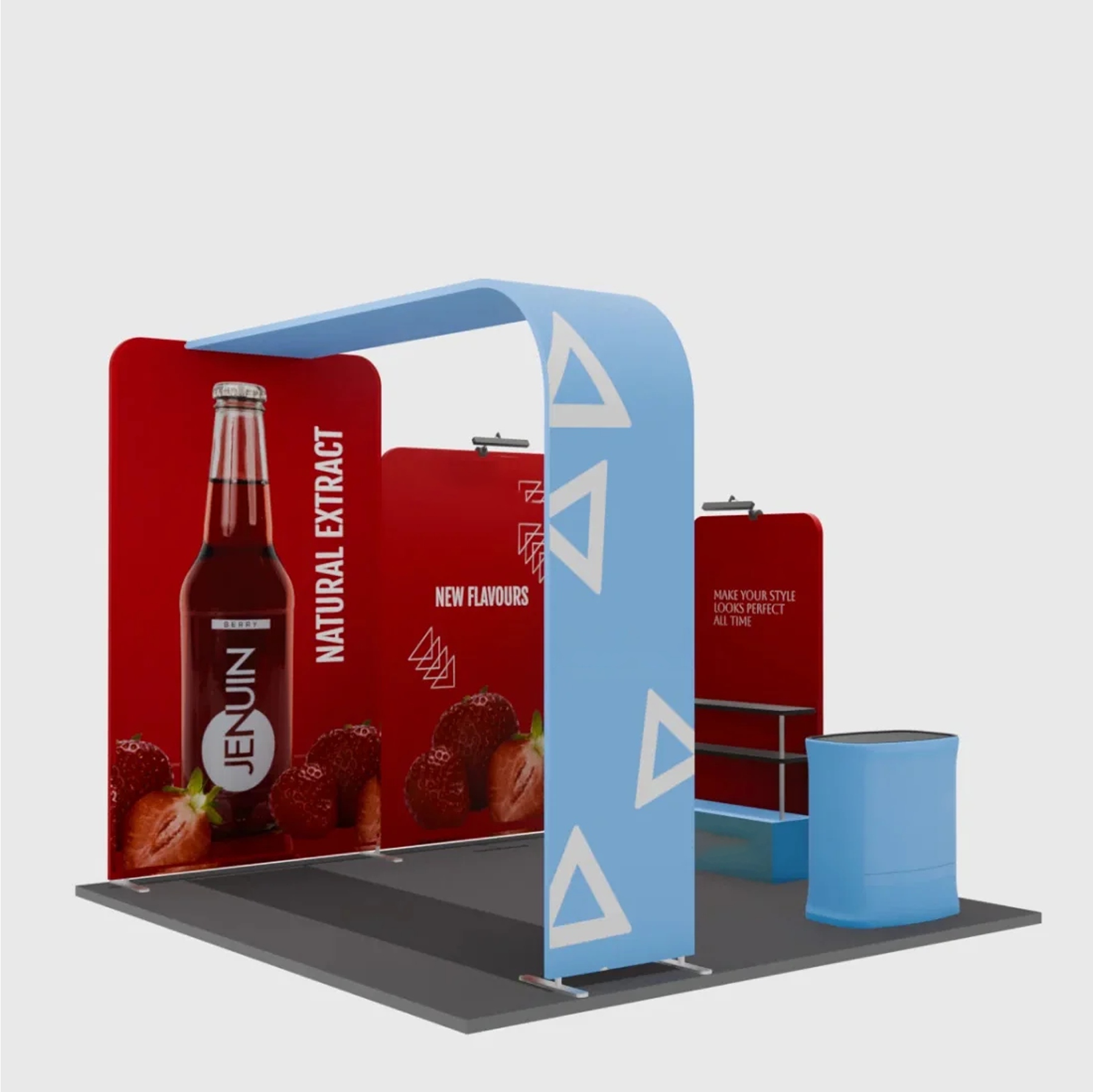 3x3m L-Arch Booth Kit with Straight Walls, Shelving & 2 Counters