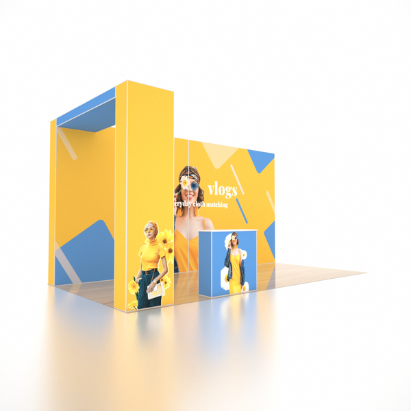 Stand parapluie SEG 6x3m avec mur de fond large, arche en L et comptoir