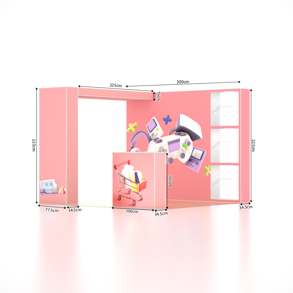 Stand parapluie SEG 3x3m avec mur en arche en L, 3 vitrines et comptoir