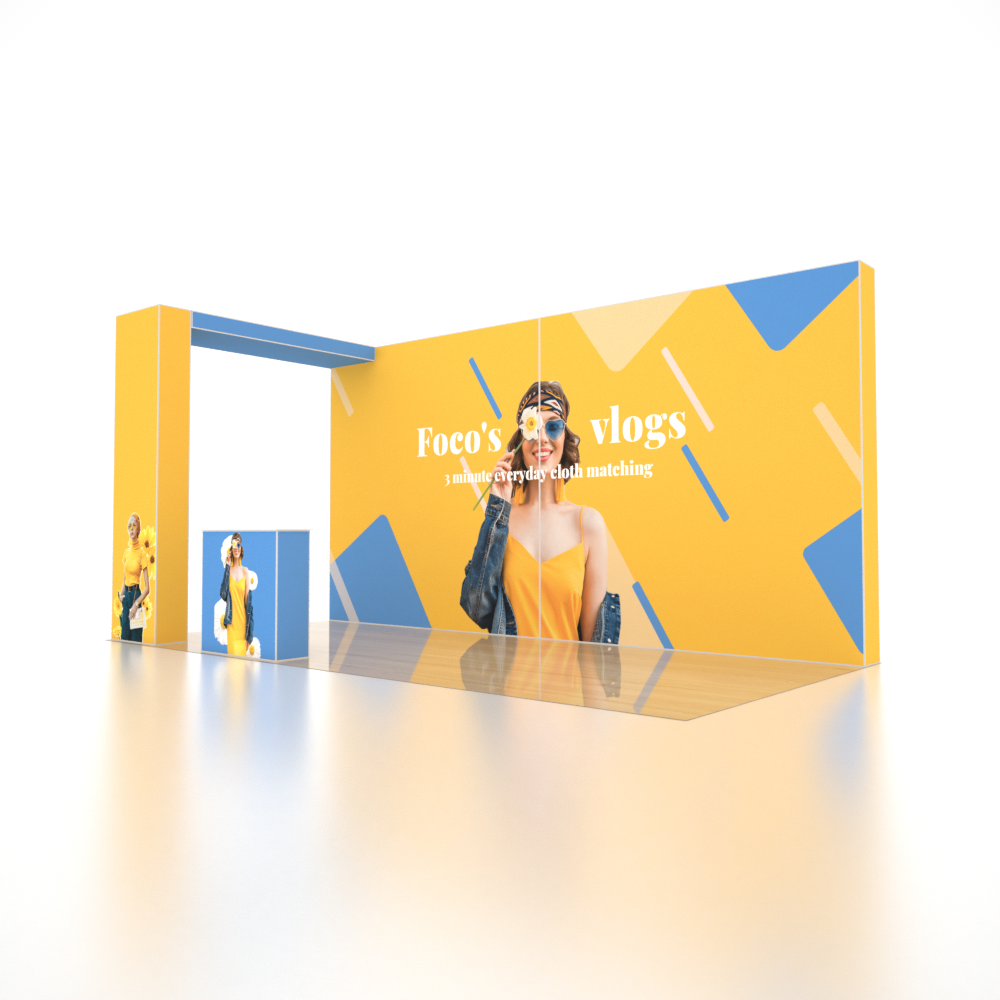 Stand parapluie SEG 6x3m avec mur de fond large, arche en L et comptoir