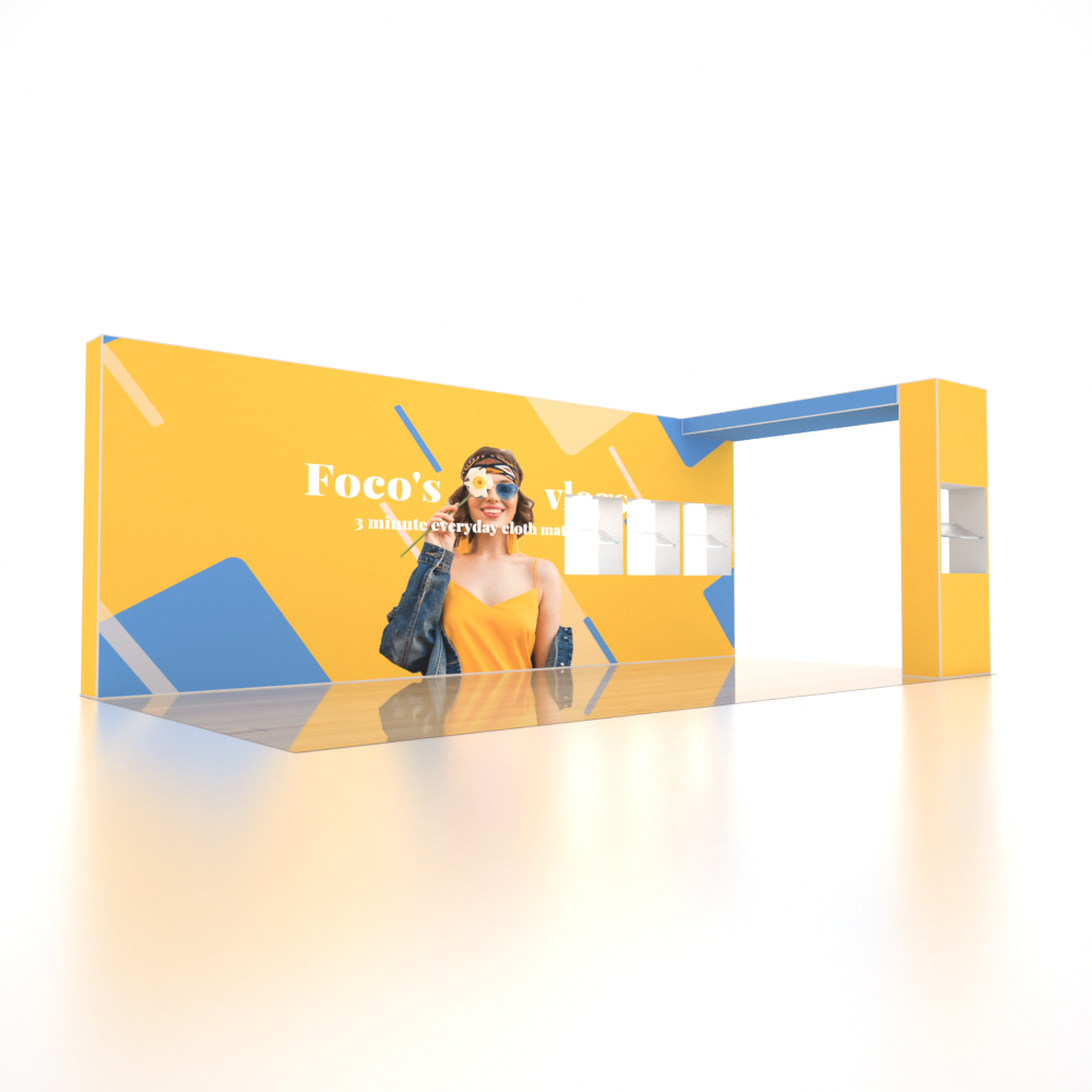 Stand pliable SEG 6x3m avec mur en arche en L et vitrine à 4 étagères