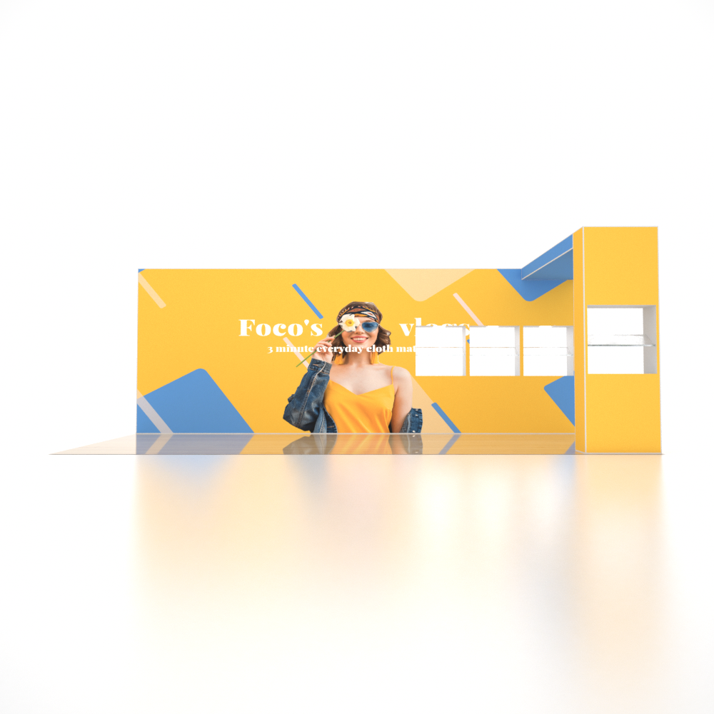 Stand pliable SEG 6x3m avec mur en arche en L et vitrine à 4 étagères
