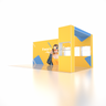Stand pliable SEG 6x3m avec mur en arche en L et vitrine à 4 étagères