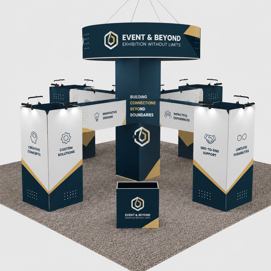 Stand îlot tour cubique 9x9m avec bannière suspendue et comptoirs