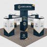 Stand îlot tour cubique 9x9m avec bannière suspendue et comptoirs