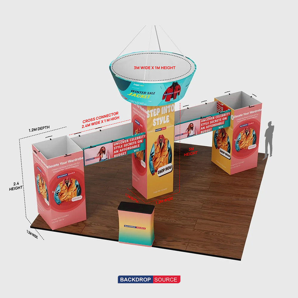 Kit de stand tour cubique 9x6m avec bannière suspendue et 2 comptoirs