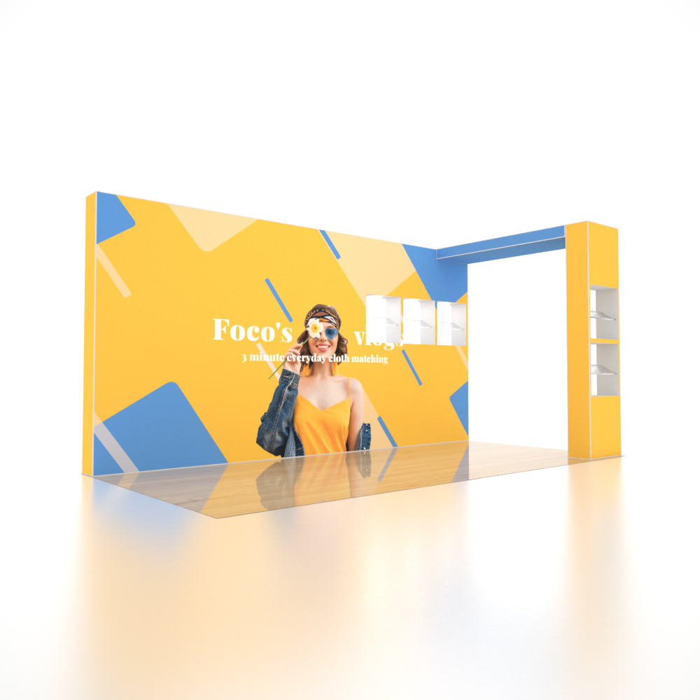 Stand parapluie SEG 6x3m avec mur en arche en L et vitrine LED à 5 étagères