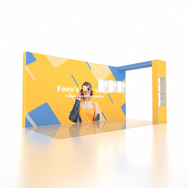 Stand parapluie SEG 6x3m avec mur en arche en L et vitrine LED à 5 étagères