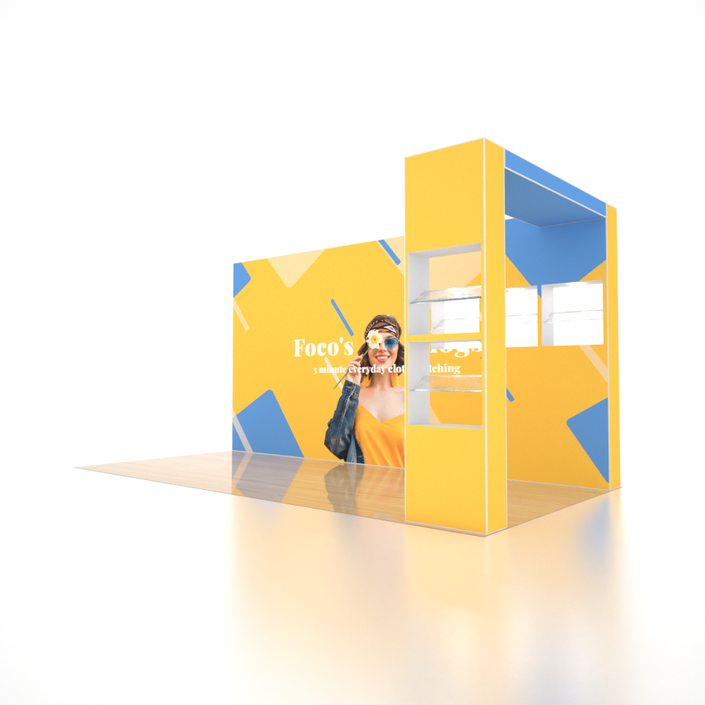 Stand parapluie SEG 6x3m avec mur en arche en L et vitrine LED à 5 étagères