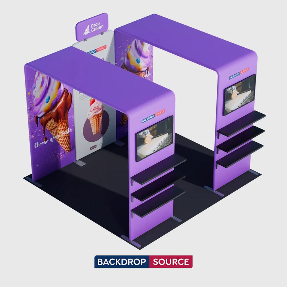 Kit de stand 3x3m avec doubles arches carrées, étagères et support TV