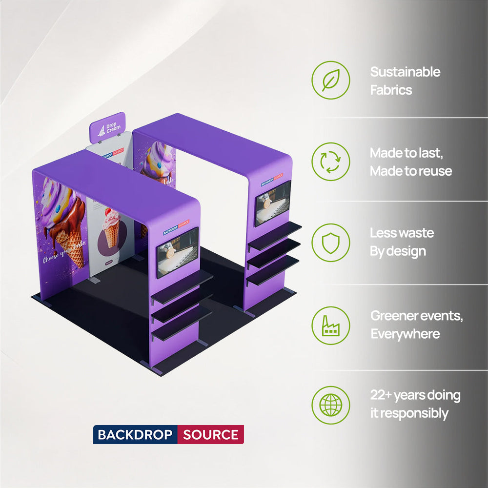 Kit de stand 3x3m avec doubles arches carrées, étagères et support TV