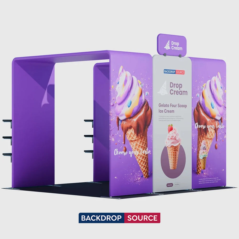 Kit de stand 3x3m avec doubles arches carrées, étagères et support TV