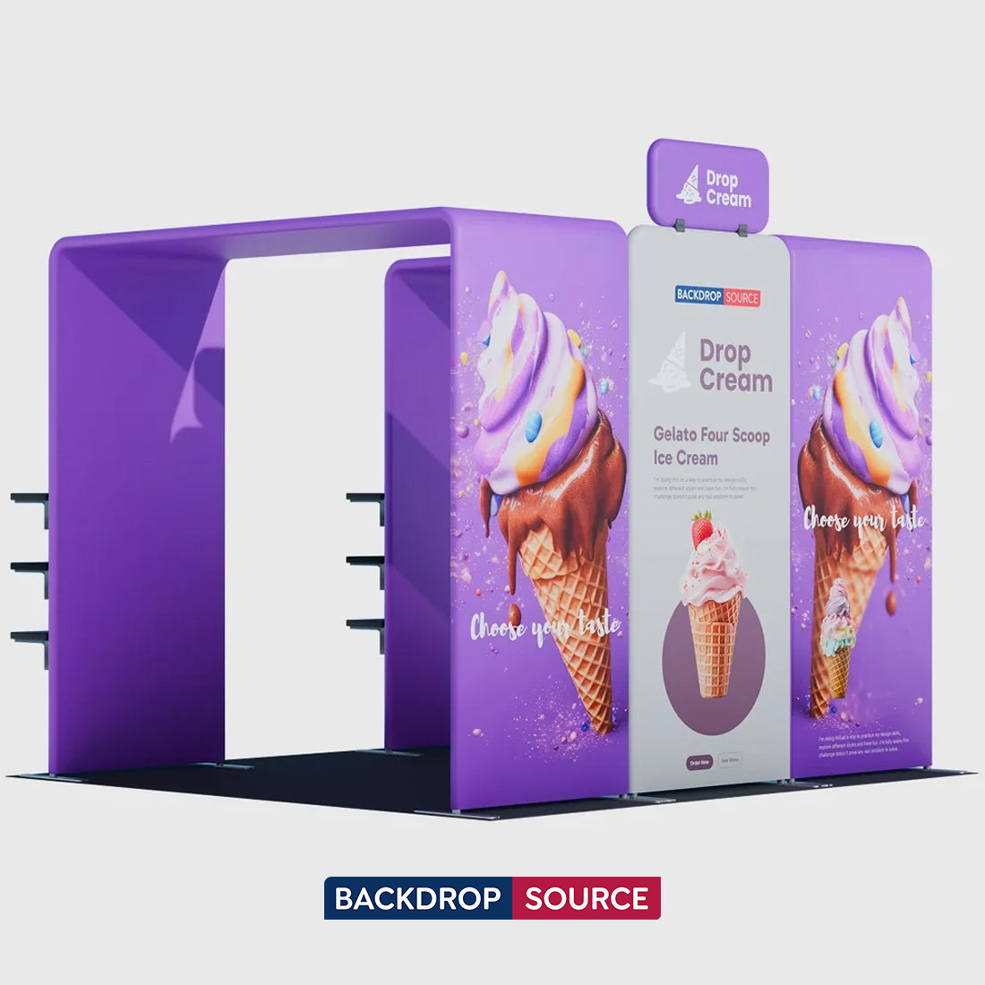 Kit de stand 3x3m avec doubles arches carrées, étagères et support TV