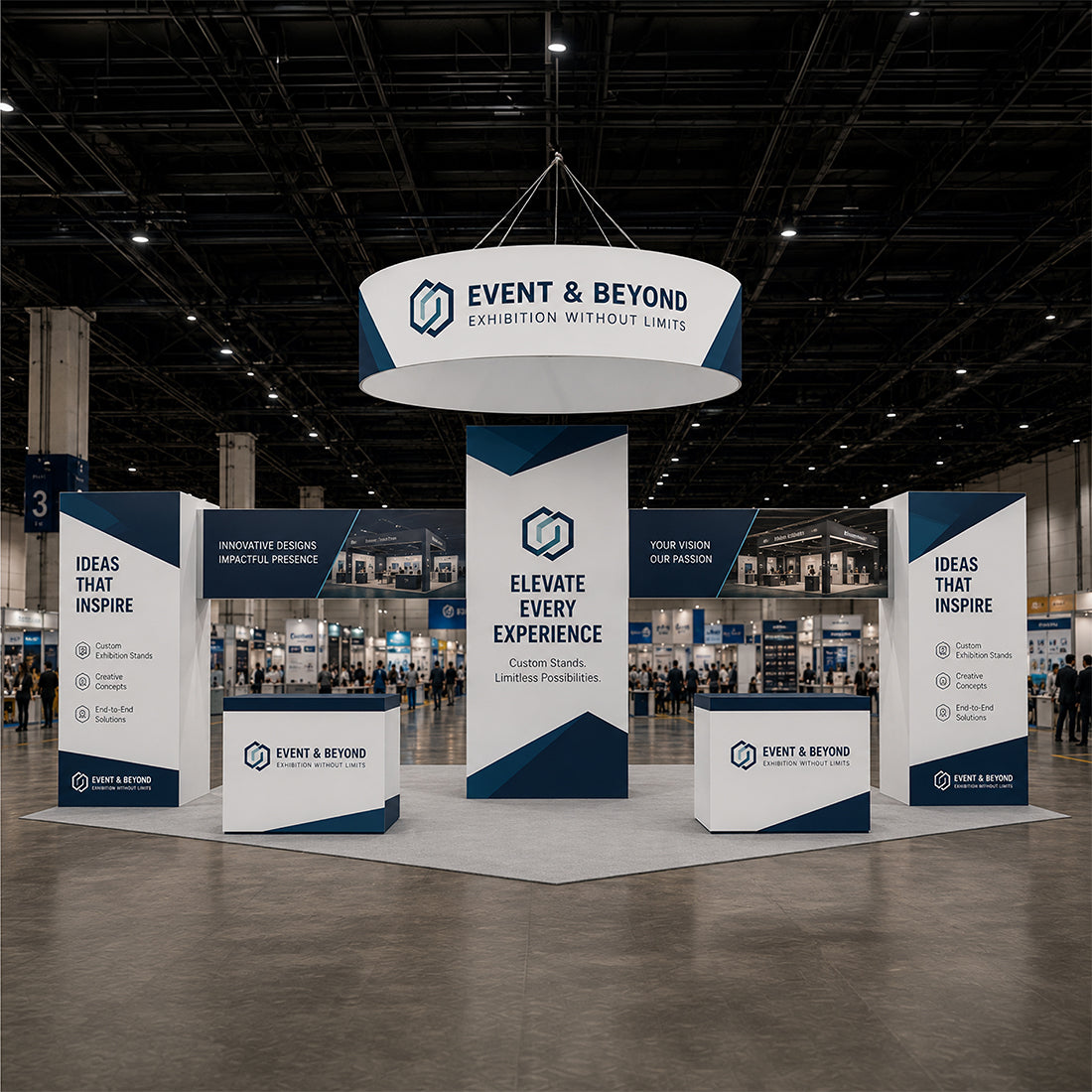Kit de stand tour cubique 9x6m avec bannière suspendue et 2 comptoirs