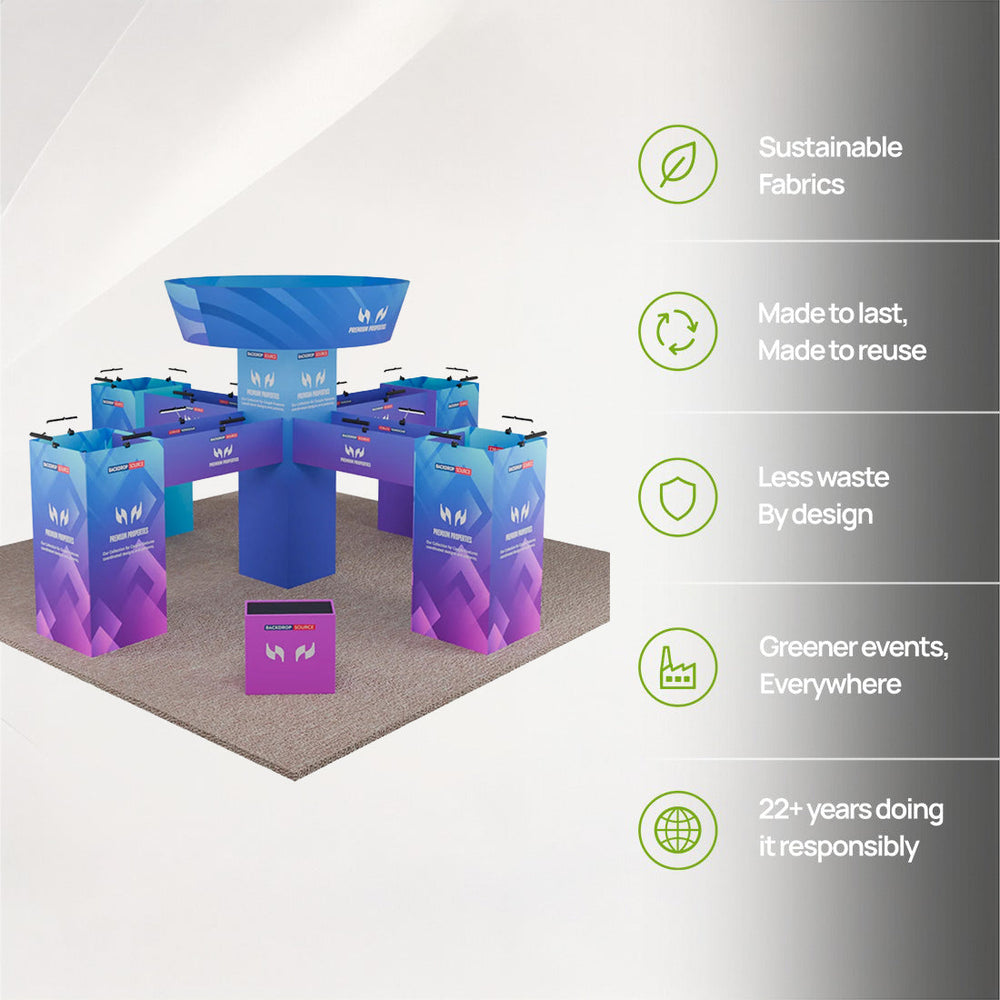 Stand îlot tour cubique 9x9m avec bannière suspendue et comptoirs