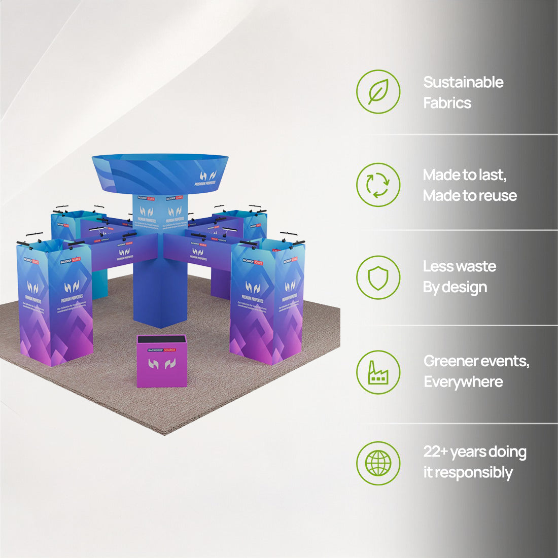 Stand îlot tour cubique 9x9m avec bannière suspendue et comptoirs