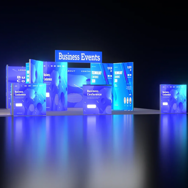 Stand îlot de 6m rétroéclairé avec visuels SEG, murs en Y, enseigne haute et comptoir
