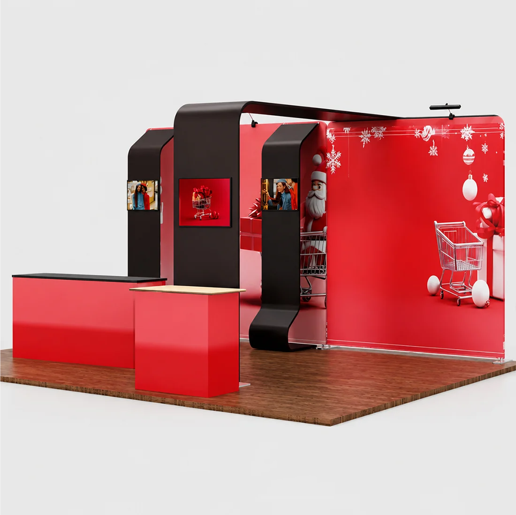 6x3m Booth Kit with 3D Wall Box, Waterfall Arches & 2 Counters