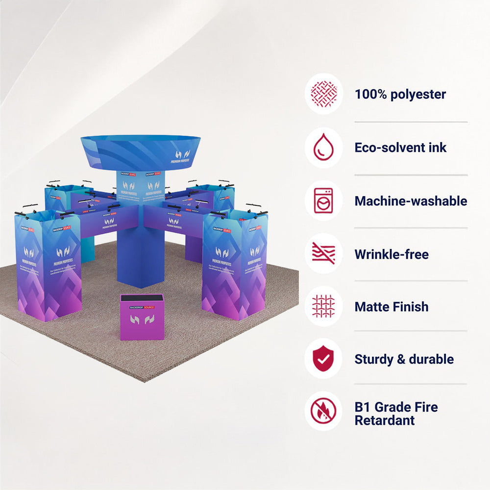 Stand îlot tour cubique 9x9m avec bannière suspendue et comptoirs