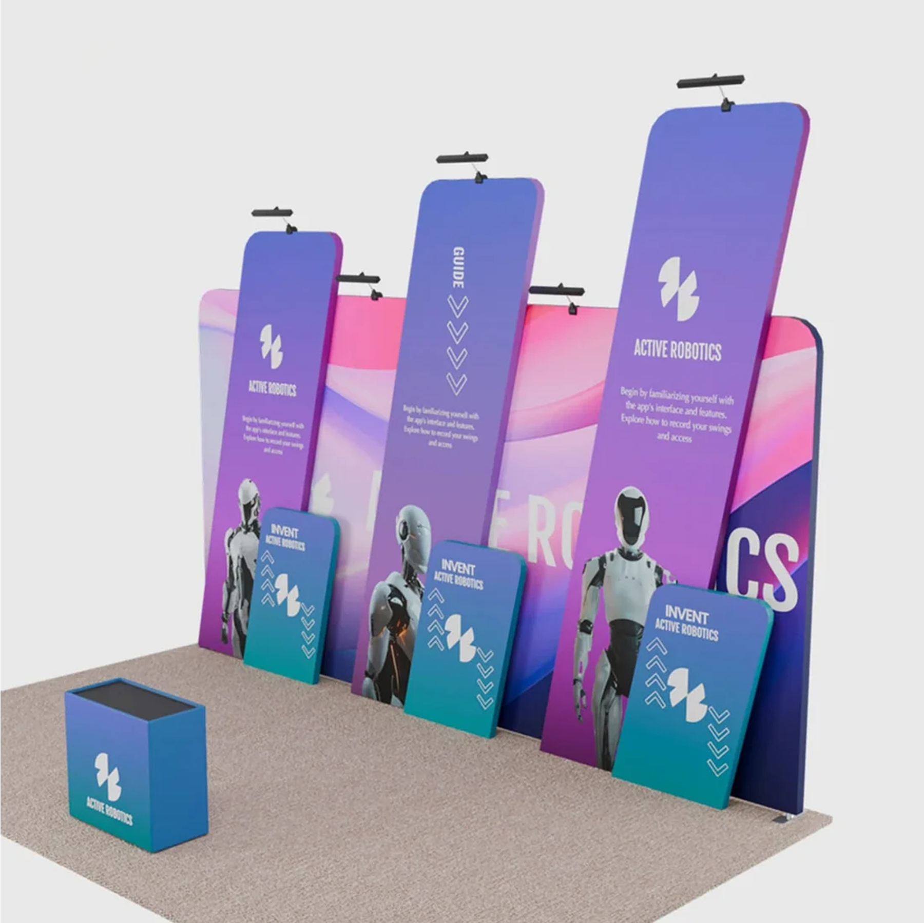 6x3m Booth Kit with 6m Backwall, Slanted Towers & Counter